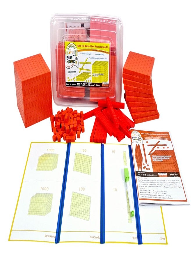 StepsToDo 131 Pieces Base Ten Blocks Kit. with Place Value Mats and Activity Booklet. Teaching Aid. Build Solid Foundation of Number Sense and Place Value. Place Value Blocks. (Red)(Without Cube) - Image 1
